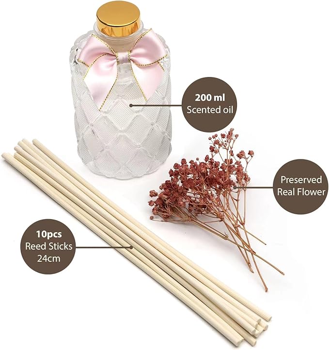 UCC Premium Reed Diffuser Set with Preserved Flower Reed Sticks, 6.76 fl oz Rose & Sandalwood Scented Room Diffuser Home Fragrance Essential Oil Reed Diffuser for Bedroom Bathroom Home Décor Office