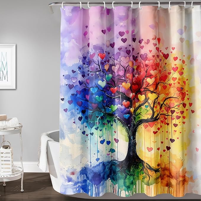 AILONEN Tree of Life Shower Curtain for Bathroom,Watercolor Hearts Tree Printed Waterproof Bath Curtain,Colorful Tree Leaves of Life Abstract Boho Shower Curtain 72" W x 84" H
