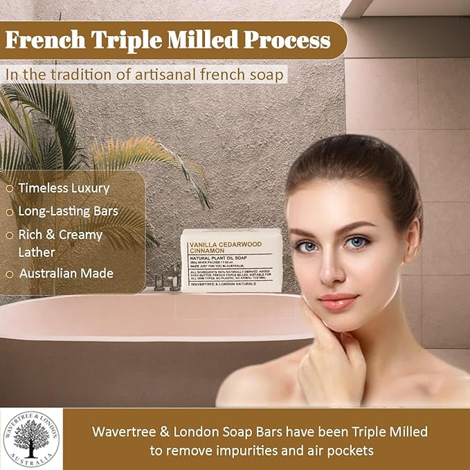 Wavertree & London Vanilla Cedarwood Scented Natural Soap Bars (2 Bars), 7oz Moisturizing French Triple Milled Soap enriched with shea butter - Plant Oil Bath & Body Soap Bars [100% Naturally derived]