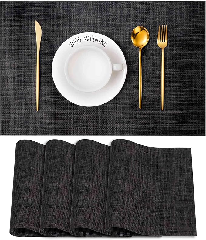 GIVERARE Placemats Set of 4, Heat-Resistant Woven Vinyl Placemat 12x18in, Non-Slip Washable PVC Table Mat, Easy to Clean Premium Plastic Mats for Dining, Kitchen Table (Black/Gray)