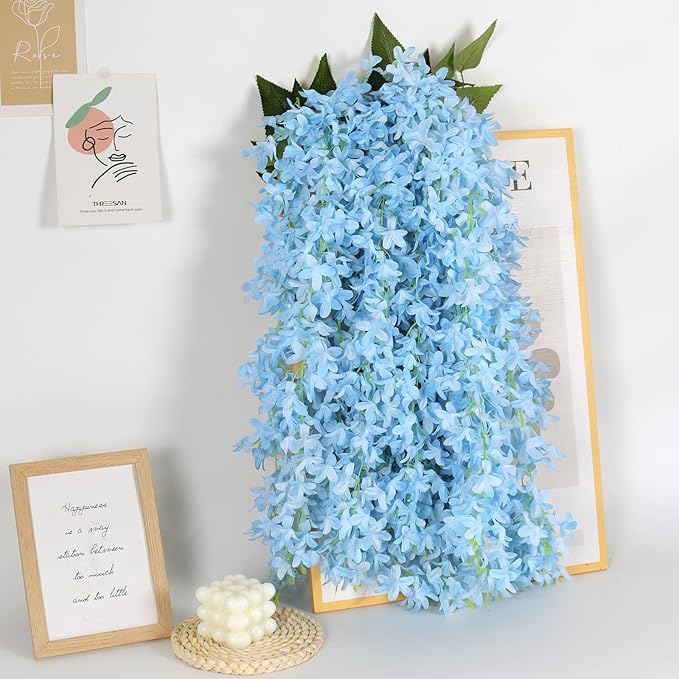 Artificial Lilac Flowers Garland 8Pcs-24Branches 33.5in Fake Syringa Wisteria Vines Faux Silk Lilac Hanging Floral Decoration for Indoor Outdoor Wedding Arch Birthday Party Garden Balcony (Blue)