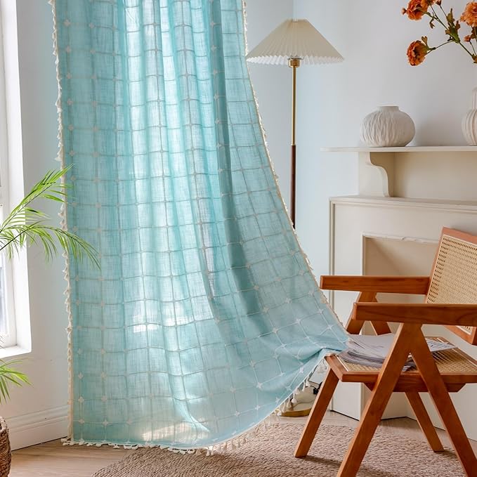 Sutuo Home Boho Curtains 90 Inches Long for Bedroom Living Room, Plaids Farmhouse Tassels Semi Blackout Linen Window Treatment Bohemian Embroidery Drape,Rod Pocket 1 Panel 52" W x 90" L, Aqua Blue