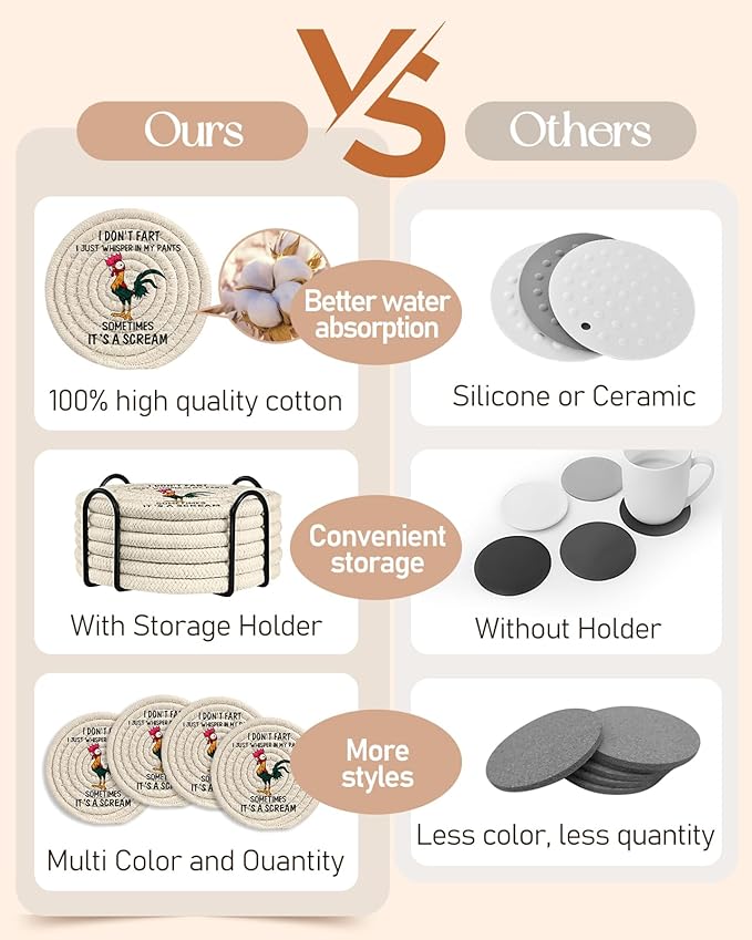 Cup Coasters for Drinks Absorbent - for Coffee Wooden Table Office Cute Farmhouse Outdoor Rustic Desk Unique Woven Women Boys Soft Cloth Braided Fabric Cool Funny Coaster Set of 6 with Holder