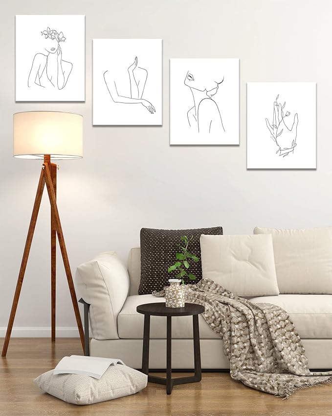 Minimalist Line Art Prints Wall Decor Abstract Flower Line Art Modern Black and White Artwork Women Office Bedroom Bathroom Decoration FRAMED 8"x10" 4 Piece Set