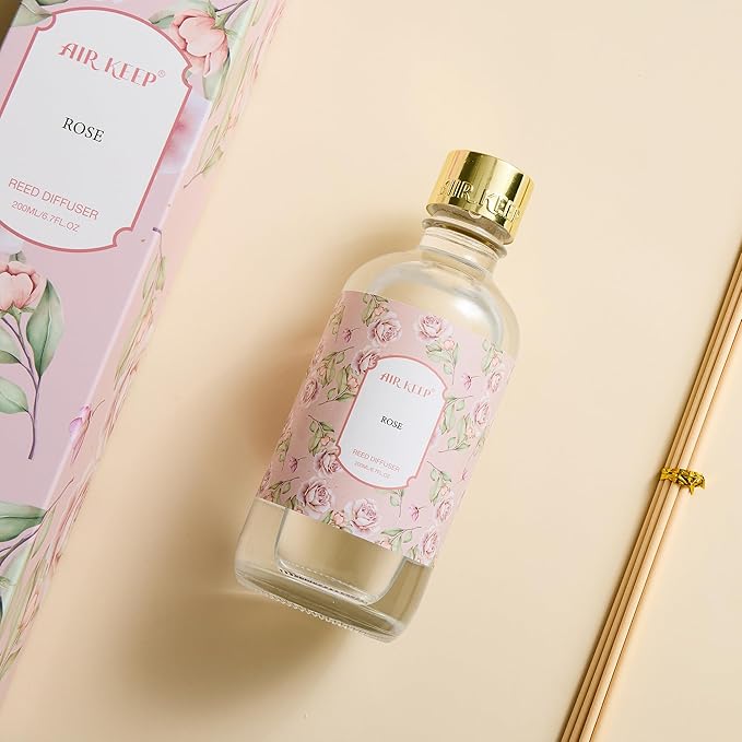 Airkeep Reed Diffuser Oil Set with Reed Sticks,Rose Aromatherapy Oil Scent Diffuser for Home Office Bathroom Decoration Perfume and Gifts 200ml/6.76 oz