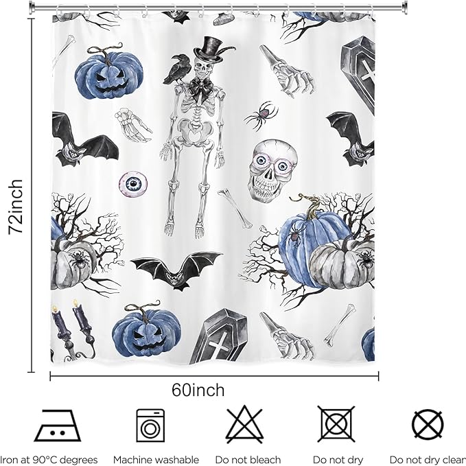 Skull Halloween Bat Shower Curtain 60Wx72L Inch Pumpkin Spooky Scary Skeleton Grave Blue Black Holiday Bathroom Set Accessories Decor Polyester Waterproof with 12 Pack Hooks