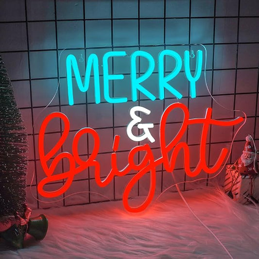 NOSUN Merry Bright Neon Sign,Merry Christmas Neon Signs Christmas Sign Light with Acrylic Board,Dimmable Switch Neon Sign,Christmas or Indoor Party Kids Bedroom Wedding Bar Pub Club Christmas Decor
