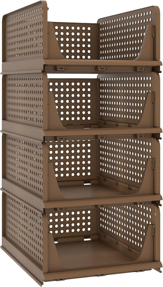 Pinkpum 4 Pack Folding Closet Organizers Storage Box, Stackable Plastic Drawer Basket for Clothing, Stackable Storage Bins Shelf Storage Container for Closet Wardrobe Bedroom Bathroom Office (Toffee)