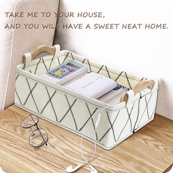 Small Storage Baskets Toy Storage Organizer Rectangle Basket Empty Gift Baskets Shelf Baskets Decorative Storage Basket With Wooden Handles for Keys Makeups Remotes Books