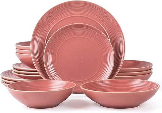RINGAR Round Stoneware 16pc Double Bowl Dinnerware Set for 4, Dinner Plates, Side Plates, Cereal Bowls, Pasta Bowls - Speckle Matte Red (395438)