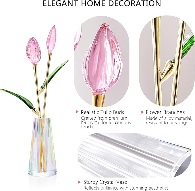 Crystal Tulips Figurine - Pink Flowers with Vase - Glass Flower Bouquet Collectible Office Home Decor Paperweight - Tulip Gifts for Women Mom Bestfriend Wedding Anniversary