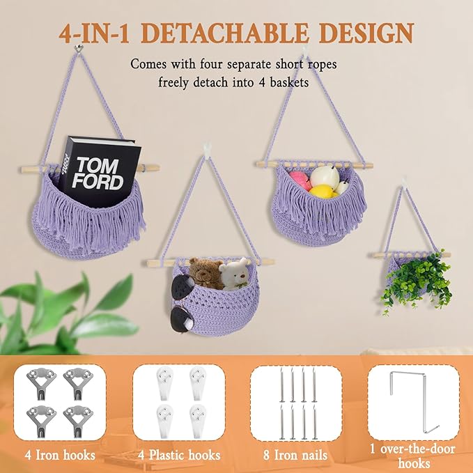4 Tier Hanging Fruit Basket for Kitchen, Purple Boho Cotton Crocheted Produce Holder for Bathroom Bedroom, Detachable Wall Hanging Basket Shelves Over Door Organizer for Fruit Veggie Plant