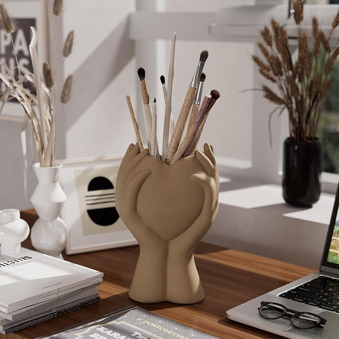 8 Inch Heart Hand White Ceramic Vase - Unique Modern Aesthetic Flowers Vase for Living Room Bedroom Office Kitchen Table Centerpiece or Shelf Decor - Gifts for Wedding Bridal Shower Women Mom (Brown)