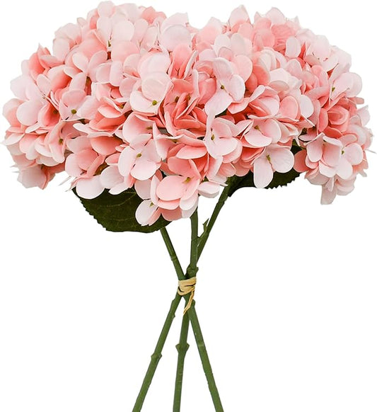 Mandy's 3 Stems Light Pink Artificial Hydrangea Flowers – 13.7” Realistic Silk Bouquet for Centerpieces, Wedding & Home Decor