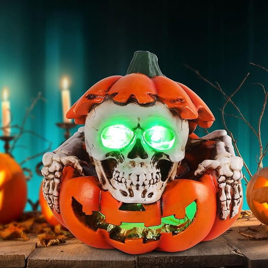 Halloween Skull Pumpkin Decor - Solar Powered Resin Skull & Pumpkin, Unique Garden Decor for Outside Yard Porch Lawn, Halloween Decorations Outdoor/Indoor