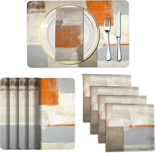MCALK 4 Each Orange Placemats and Cloth Napkins Set of 8, Modern Abstract Art Painted Placemat for Home Kitchen Decor (Placemats 18 "x12 Cloth Napkins 18 "x18)