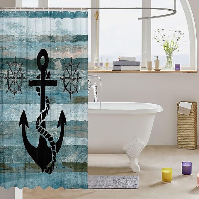 Feelyou Anchor Nautical Shower Curtain Vintage Plank Blue Fabric Shower Curtain Kids Boys Girls Wooden Retro Green Bathroom Waterproof Accessories with 12 Hooks Rustic Farmhouse Curtains,72x78 Inches