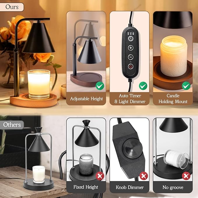 Black Candle Warmer Lamp with Timer, Height Adjustable Electric Lamp Candle Warmer, Black Home Room Decor Aesthetic Gifts for Women