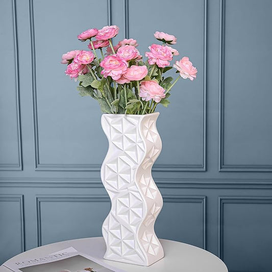 Modern White Ceramic Tall Vase, 15.94" Decorative Centerpiece for Living Room, Shelf, Table - Minimalist Twisted Design, Home Decor Flower Vase for Creative Displays
