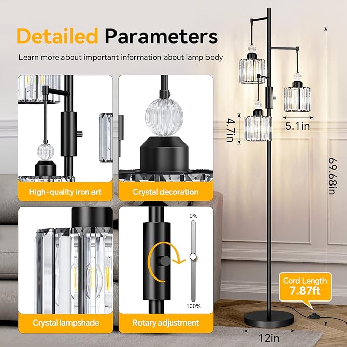 70" Black Tree Floor Lamp with 3 Crystal Cage Lampshades & Dimmable Bulbs - Vintage Glam Standing Lamp for Living Room Bedroom, Industrial Modern Decor with Crystal Ball Accents