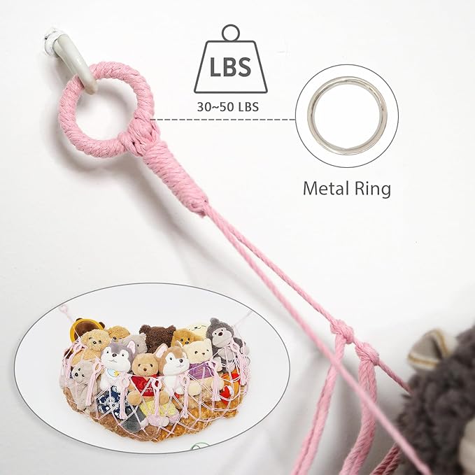 Stuffed Animal Soarage Hammock Macrame Toy Display Plush Toy Holder Ceiling Hanging Net for Stuffed Animal Storage -Light Pink, Small