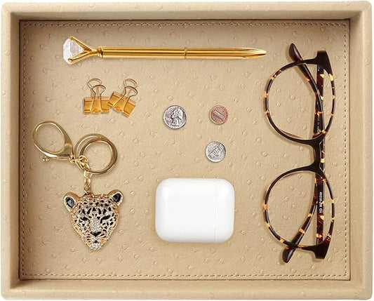 HofferRuffer Faux Leather Vanity Tray, Elegant Desktop Storage Organizer, Decorative Catchall Perfume Tray, Bathroom Valet Tray, Nightstand or Dresser Organizer, 10.2 x 8.4 x 1.8 inches (Beige)
