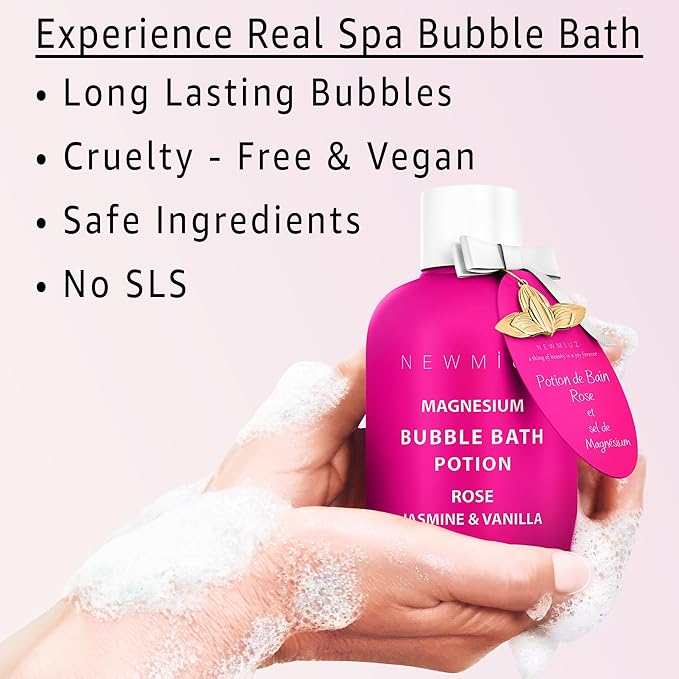 Magnesium Bubble Bath Rose Jasmine Vanilla Long Lasting Foam for Sore Muscles Epsom Salt Moisturizing Relaxing Stress Relief Spa Gift for Women