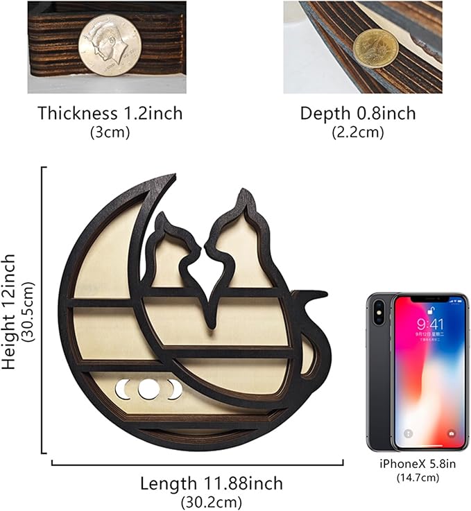 Crystal Display Shelf for Wall, Cats on The Moon Shelf, Crescent Moon Phase Cute Home Decor Wooden Rock Display Shelf Crystal Holder Stone Storage Aesthetic Hanging Floating Organizer