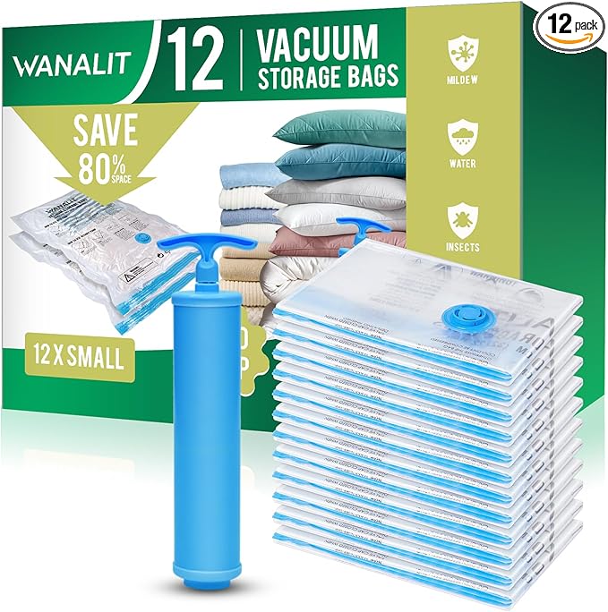 12Pack Small Vacuum Storage Bags, New Air Valve Space Saver Vacuum Sealer Bag for Clothes, Comforters, Blankets, Bedding, Hand Pump Included, Two Vacuum Ways
