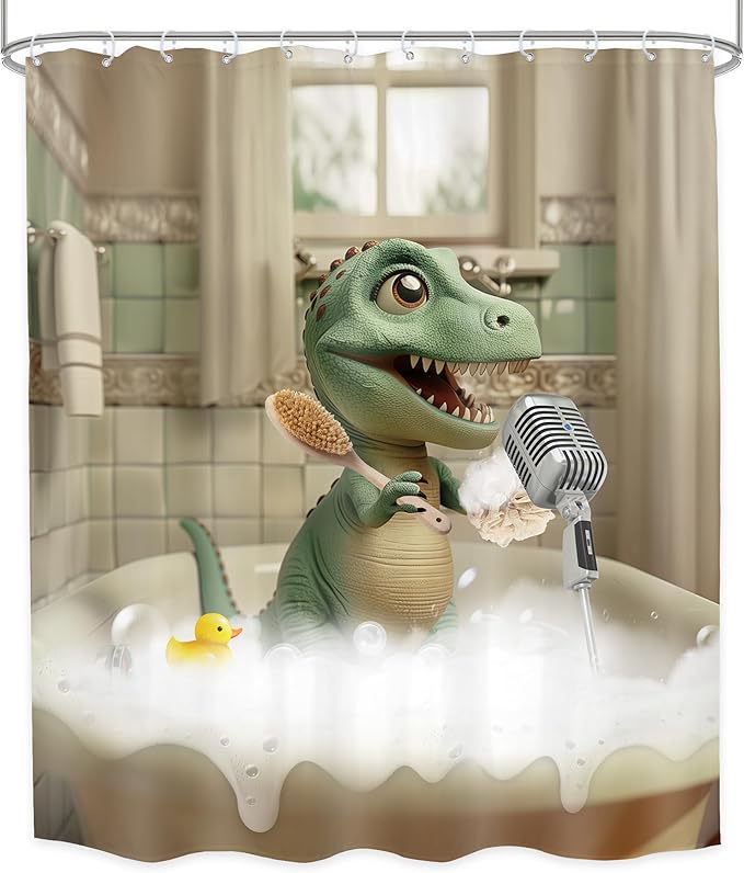 LGhtyro Kids Funny Dinosaur Shower Curtain Bathroom Set 60Wx71H Inches Boys Cartoon Dino Singing in Bathtub Cute Trex Animal Raptor Child Bath Accessories Bubbles Art Home Decor Fabric 12 Pack Hooks