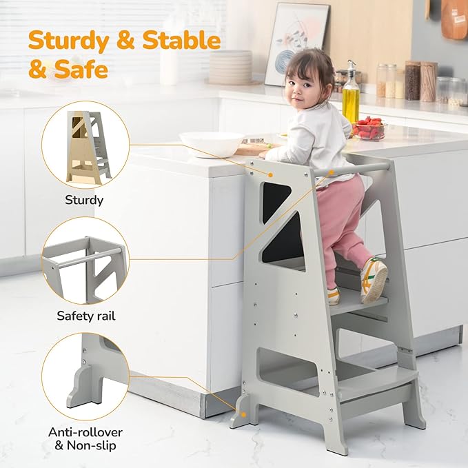 Toddler Step Stool - Toddler Tower with Message Boards & Safty Rail, Adjustable Height Learning Tower for Toddlers 1-3, Chalkboard and Whiteboard, Anti-Slip Protection,Wooden Toddler Counter (Grey)