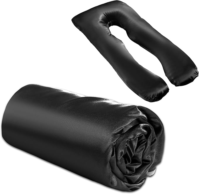 Silky Satin Pregnancy Pillow Cover (ONLY Pillowcase), U Shaped Luxurious Smooth Maternity Pillow Cover, Soft & Breathable Large Pillow Protector with Hidden Zip for Side Sleeper, Black