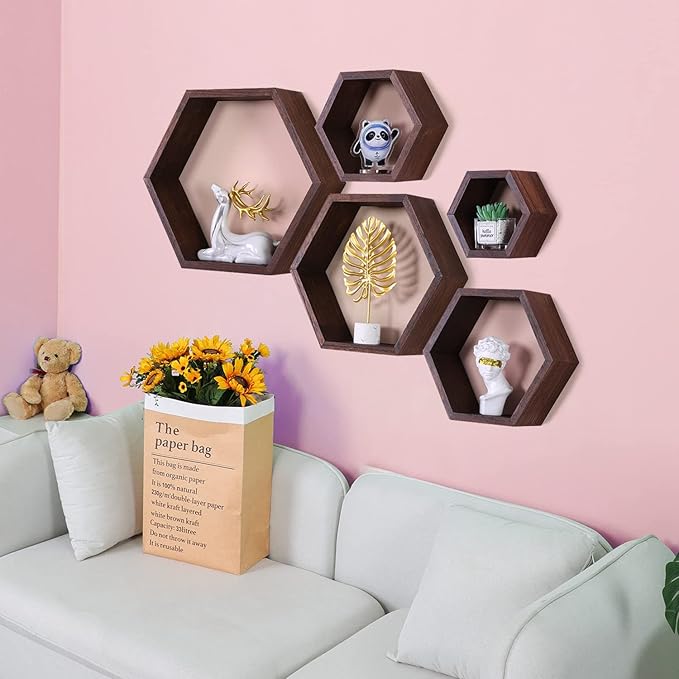 PHOENANCEE Hexagon Floating Shelves,Wall Mounted Wood Farmhouse Storage Honeycomb Wall Shelf Set of 5,for Bathroom, Kitchen, Bedroom, Living Room,Office,Driftwood Finish (Walnut)