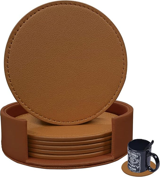 Coasters Set of 6 Soft Leather Drink Coaster Round Coaster with Sewing Around, Suitable for Various Cups, Wooden Tables,Home Decoration,4 Inches(Brown)