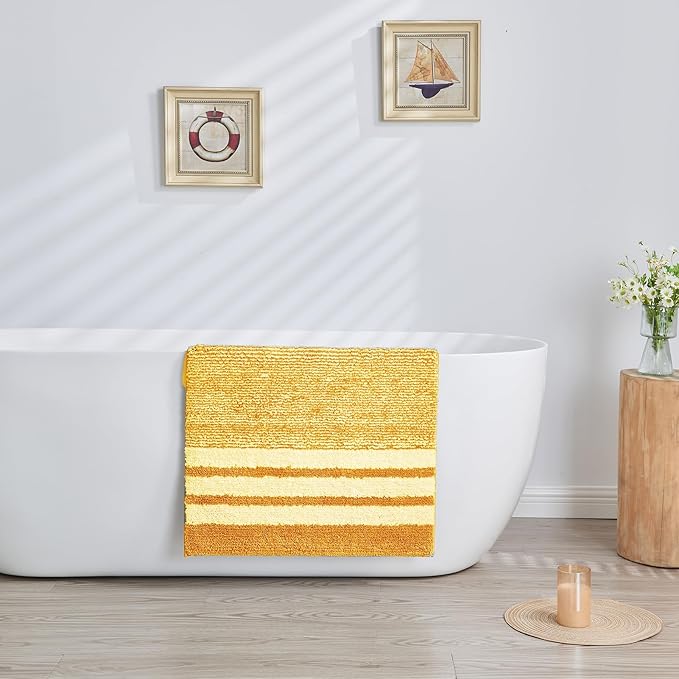 CozeCube Yellow Striped Bath mats for Bathroom Non Slip, Fluffy Absorbent Microfiber Bath mat Washable, Aesthetic Bathroom Rugs, Large Bath mat for Sink, 36" x 24"