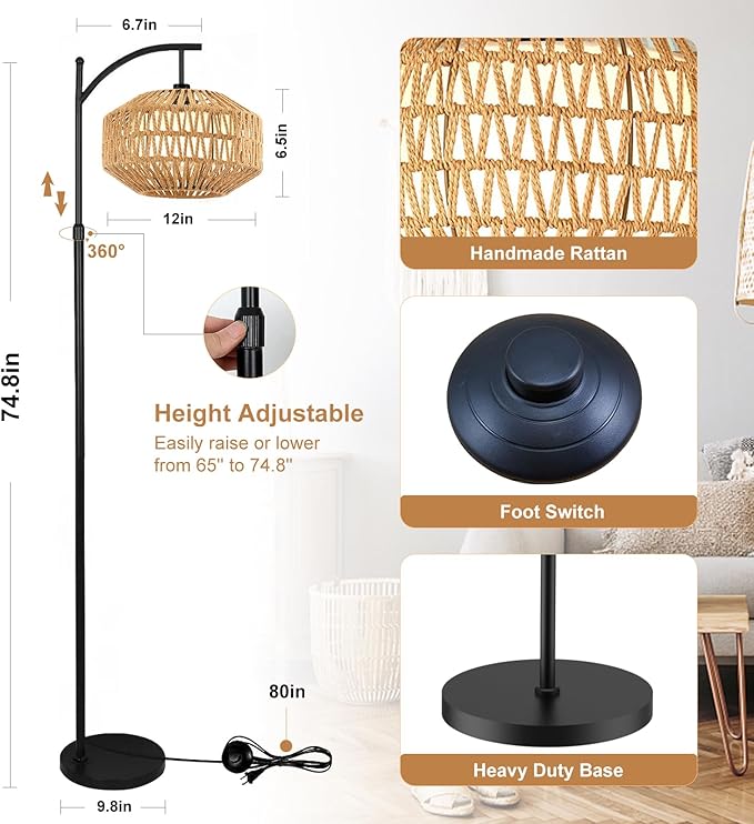 Boho Rattan Floor Lamps for Bedroom with 3 Color Temperatures, 72'' Modern Farmhouse Floor Lamp 360°Rotatable with Shades/Remote/12W Bulb(Included)/Adjustable Height for Living Room, Office