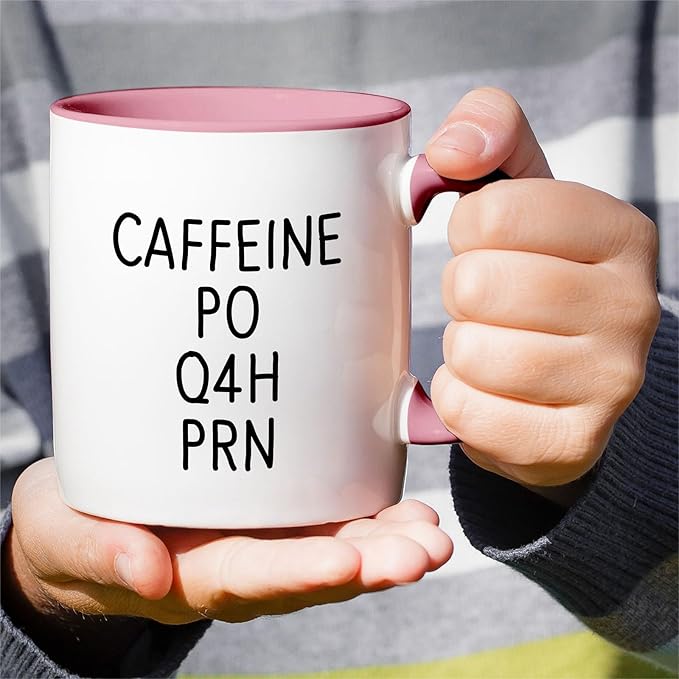 Retreez Funny Mug - Caffeine PO Q4H PRN Medical Doctor Nurse 11 Oz Ceramic Coffee Mugs - Funny, Sarcasm, Sarcastic, Inspirational birthday gifts - White Mug with Pink Handle and Inner