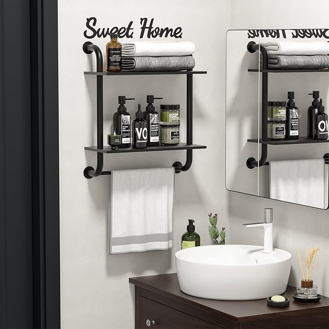 Bathroom Shelves Wall Mounted, Rustic Farmhouse Pipe Shelves, Wall Shelves 2-Tier, Industrial Pipe Shelving, Floating Shelf Decor for Bathroom, Kitchen, Bedroom, Living Room 17.3in Black
