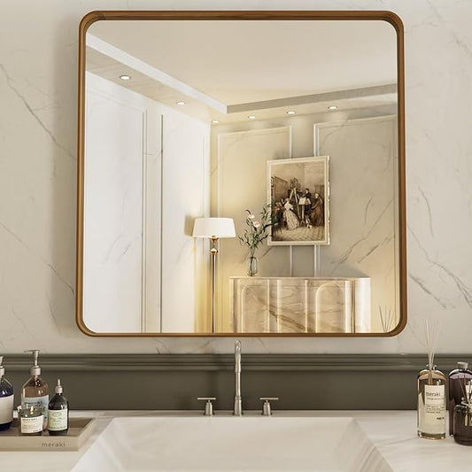 LOAAO 38X38 Inch Bathroom Mirror with Wood Grain Colored Metal Frame, Rounded Rectangle Metal Framed Bathroom Mirror, Anti-Rust, Hangs Horizontally or Vertically, Tempered Glass