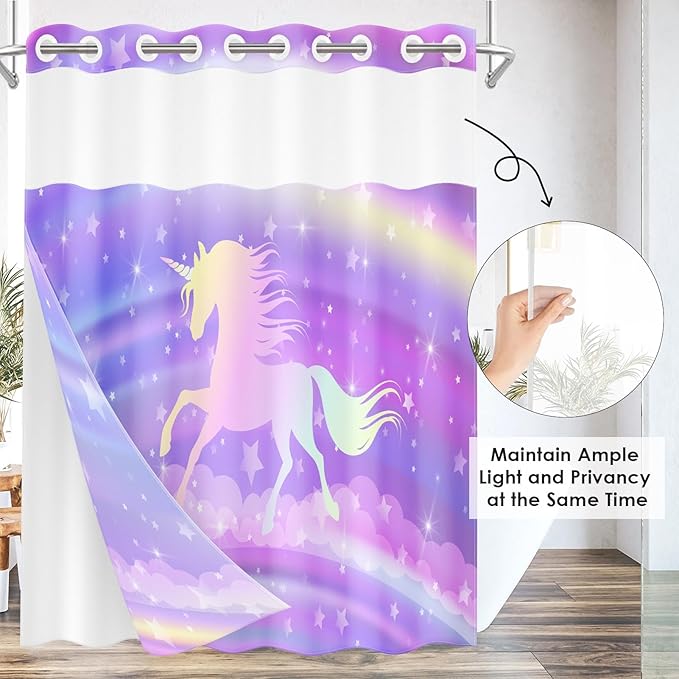 Rainbow Purple Unicorn No Hook Shower Curtain with Snap in Liner, Princess Horse Cute Bath Curtain with Double Layers Waterproof Fabric and Mesh Top Window 71x74 Inch