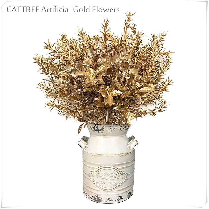 CATTREE Artificial Gold Plants for Christmas, Golden Leaves Plant Plastic Faux Shrubs Fake Simulation Spiky Grass Bushes for Indoor Outdoor Wedding Decoration Hall Table Planter Filler 4 Pack