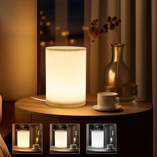 Mini Bamboo Bedside Table Lamp with10 Brightness & 3 Color Temperatures,Cozy PC Shade,Soft Ambient Nightstand Night Light for Bedroom,Kids Room,Bedroom,Dorm,Nursery