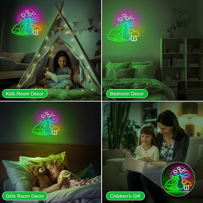 Mushroom Frog Neon Sign Colorful Mushroom Neon Light Frog Neon Sign, USB Powered Dimmable LED Cute Neon Signs for Wall Décor Kids Room, Perfect Gifts for Birthday, Christmas(14.5*13inches) ﻿
