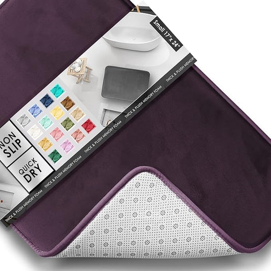 Clara Clark Bathroom Rugs, Velvet Memory Foam Bath Mat, Non-Slip, Machine Washable Bath Rugs - Dries Quickly, Ultra Soft Plush Bath Mats for Bathroom, 17 x 24, Dark Purple