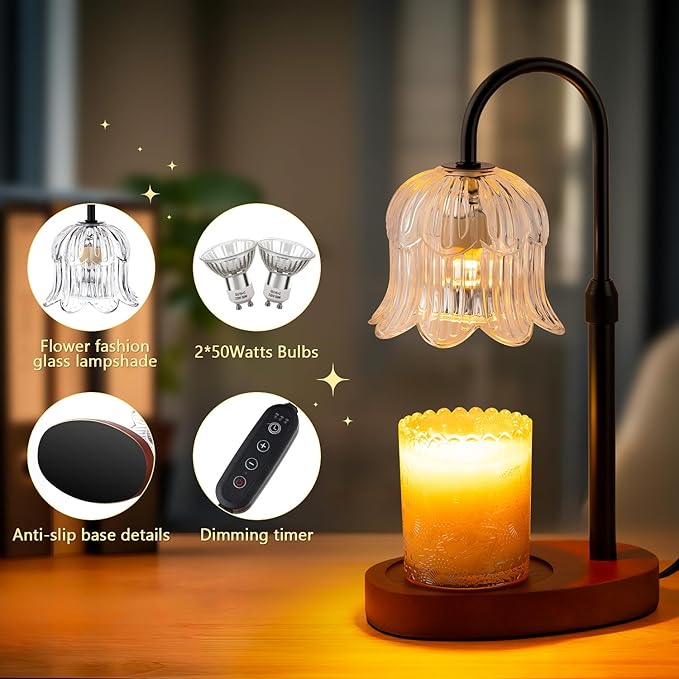 Candle Warmer Lamp Electric Timer - Candles Height Adjustable Dimmable Warmers Scented Flower Lamps No Flame Heat Warm Melt Wax Jar Modern Home Decor Table Lights for Home Living Bedroom