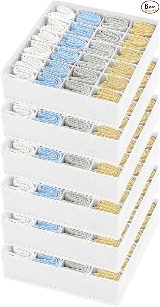 Joyoldelf Sock Organizer Drawer Organizer - Underwear Organizer, 24 Cell Collapsible Closet Organizers and Storage Sock Holders Organizers for Storing Socks, Ties, Belts 6 Pack White