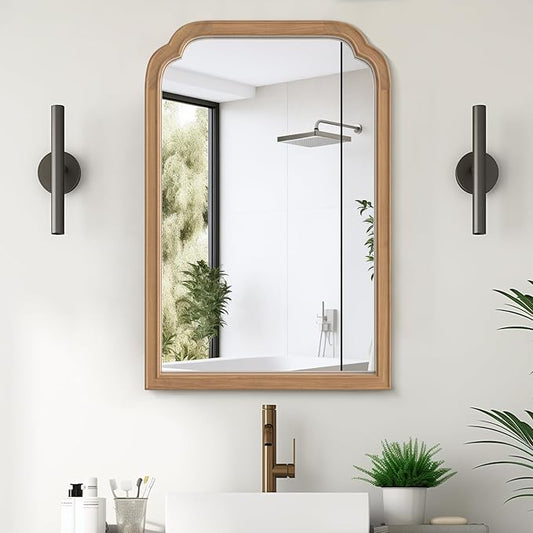 WallBeyond Wood Frame Wall Mirror Rounded Corner Arch Rectangle Mirror for Entryway, Living Room or Bedroom Home Decor - Light Woodgrain [20" x 30" Honey-Colored]