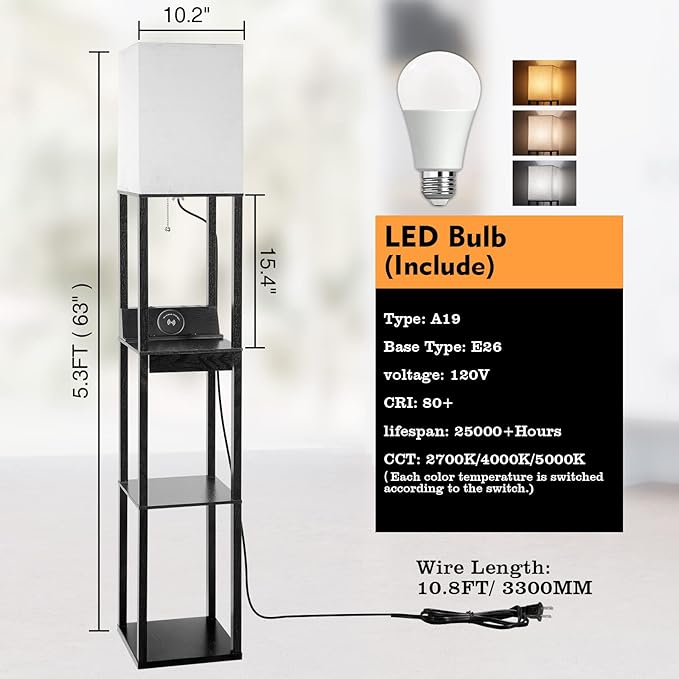 Floor Lamp with Shelves, RUNTOP LED Shelf Floor Lamp with Wireless Charger & 2 Charging USB Ports & Drawer, AC Outlet, 3 Color Temperature Tall Standing Lamp with Bulb for Living Room, Bedroom, Office