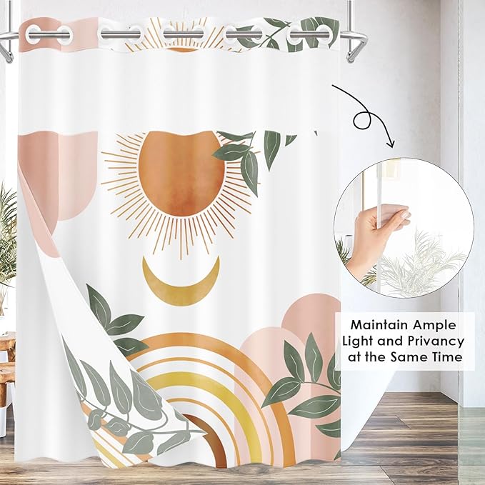 Boho Mid Century No Hook Shower Curtain with Snap in Liner, Sun Moon Leaves Orange Bath Curtain with Double Layers Waterproof Fabric and Mesh Top Window 71x74 Inch
