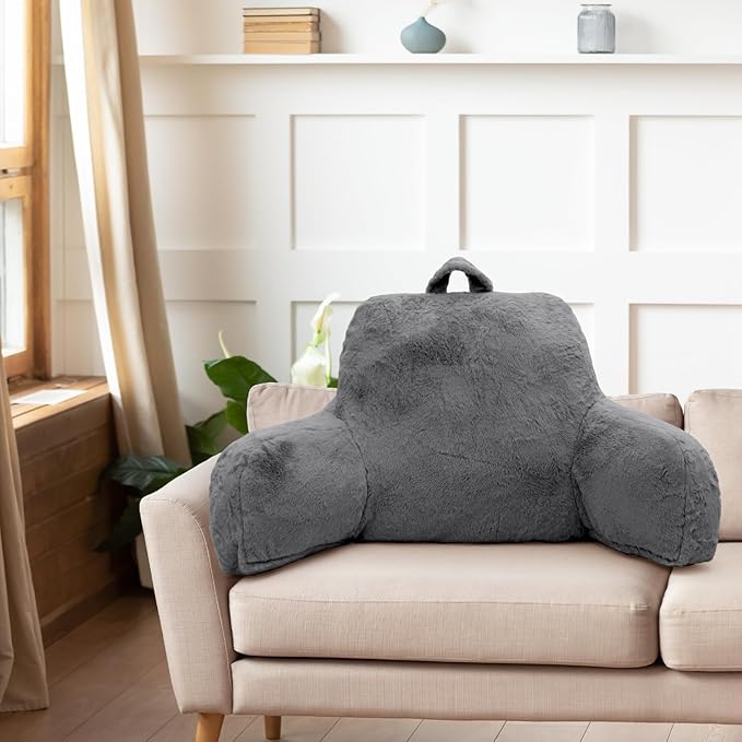 Reading Pillow for Sitting in Bed Adult, Standard Reading Pillow with Memory Foam, Back Pillow for Bed Sitting Up with Extend Arms, Bed Reading Pillow, Grey